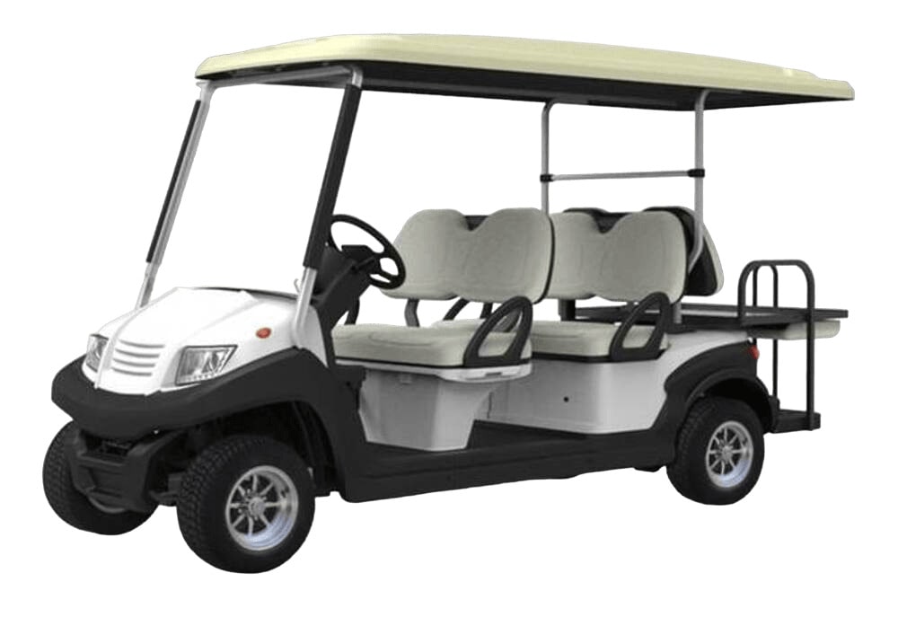 Eagle 6 Places EVO Flip-Flop (4-Wheel Hydraulic Drum Brake + Manual Parking Brake, 4KW DC Motor, Steel Rim 10x6 with Hubcap & Tire 205/50-10 4PLY, Without Digital Speedometer, Withou Emergency Stop Button, Without tarpaulin, Without Outside Mirrors, Without Centralised Water Filling, Plastic Steering Wheel, Without Seatbelt, White, Black, Without Inside Mirror, With Plastic Windshield)