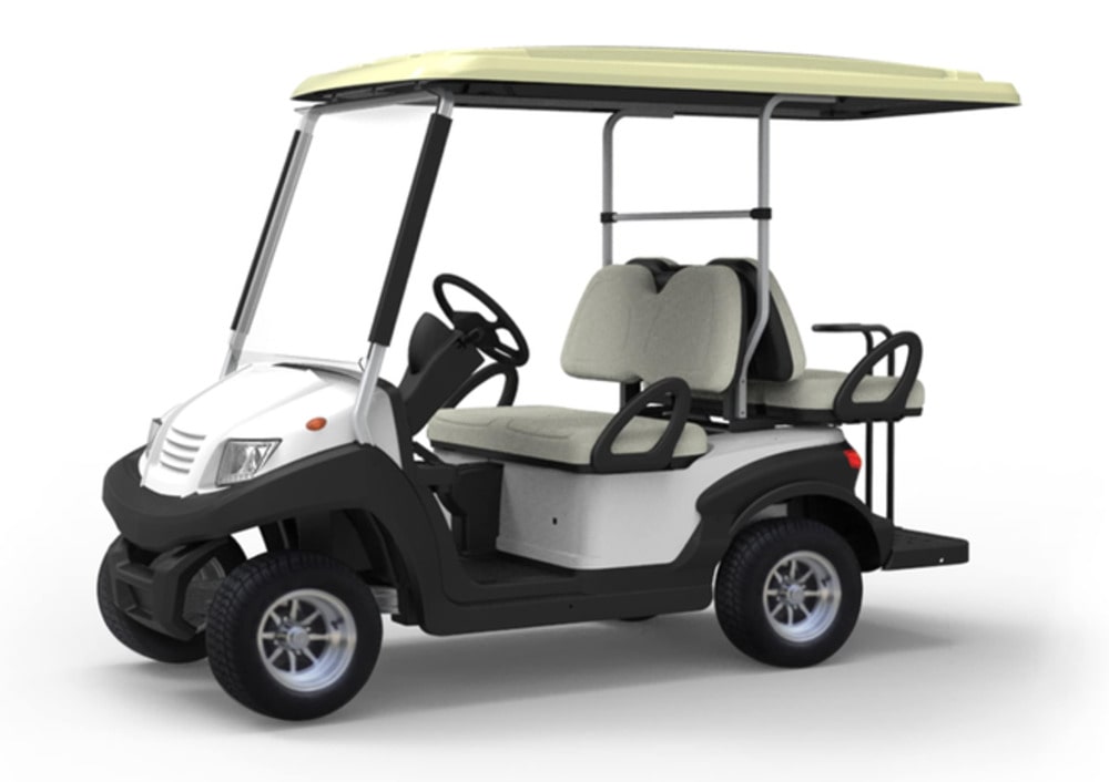 Eagle 2+2 Places EVO Golf (4KW DC Motor, Mechanical 2 Rear Wheel Brake + Manual Parking Brake, Steel Rim 10x6 with Hubcap & Tire 205/50-10 4PLY, Without Digital Speedometer, Withou Emergency Stop Button, Without Tarpaulin, Without Seatbelts, Without Outside Mirrors, Without Centralised Water Filling, Plastic Steering Wheel, White, Black, Without Inside Mirror, With Plastic Windshield)