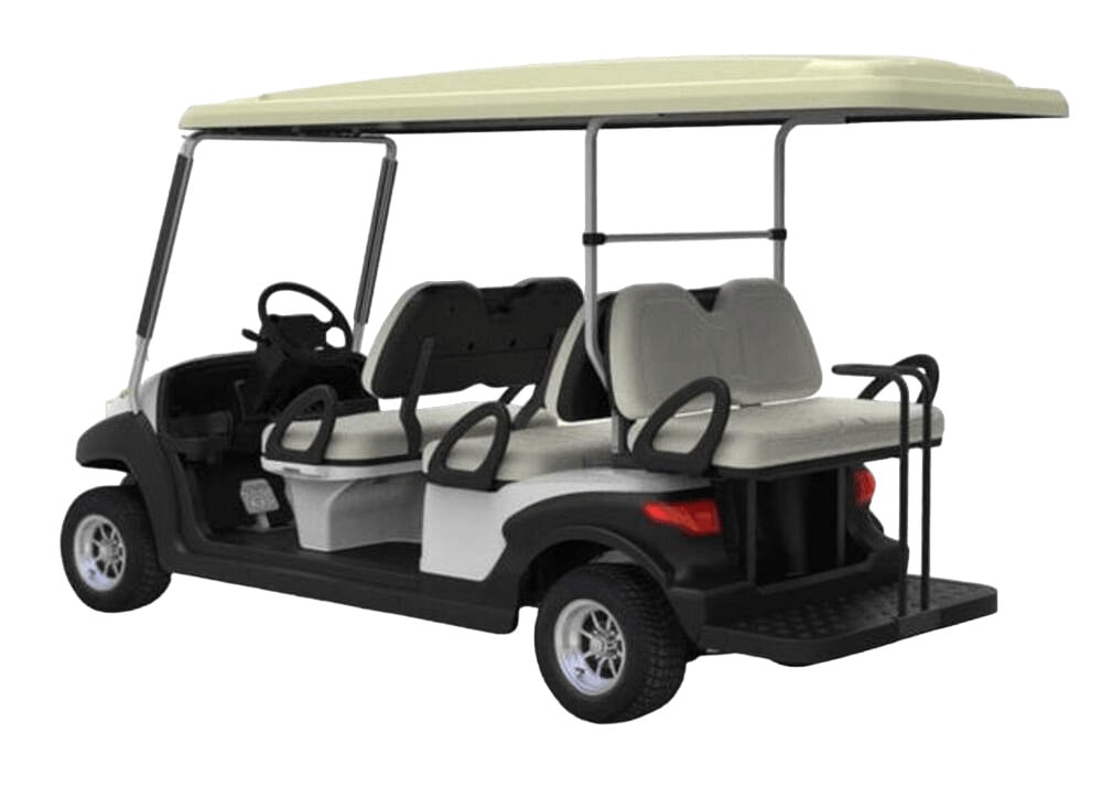 Eagle 4+2 Places EVO Golf (4KW DC Motor, 4-Wheel Hydraulic Drum Brake + Manual Parking Brake, Steel Rim 10x6 with Hubcap & Tire 205/50-10 4PLY, Without Digital Speedometer, Withou Emergency Stop Button, Without tarpaulin, Without Outside Mirrors, Without Centralised Water Filling, Plastic Steering Wheel, Without Seatbelt, White, Black, Without Inside Mirror, With Plastic Windshield)