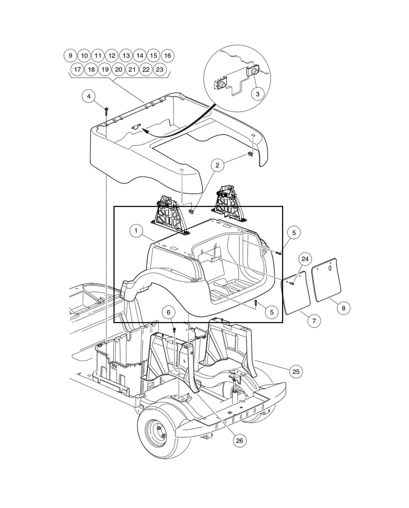 Underbody-rear blk, Original for Clubcar