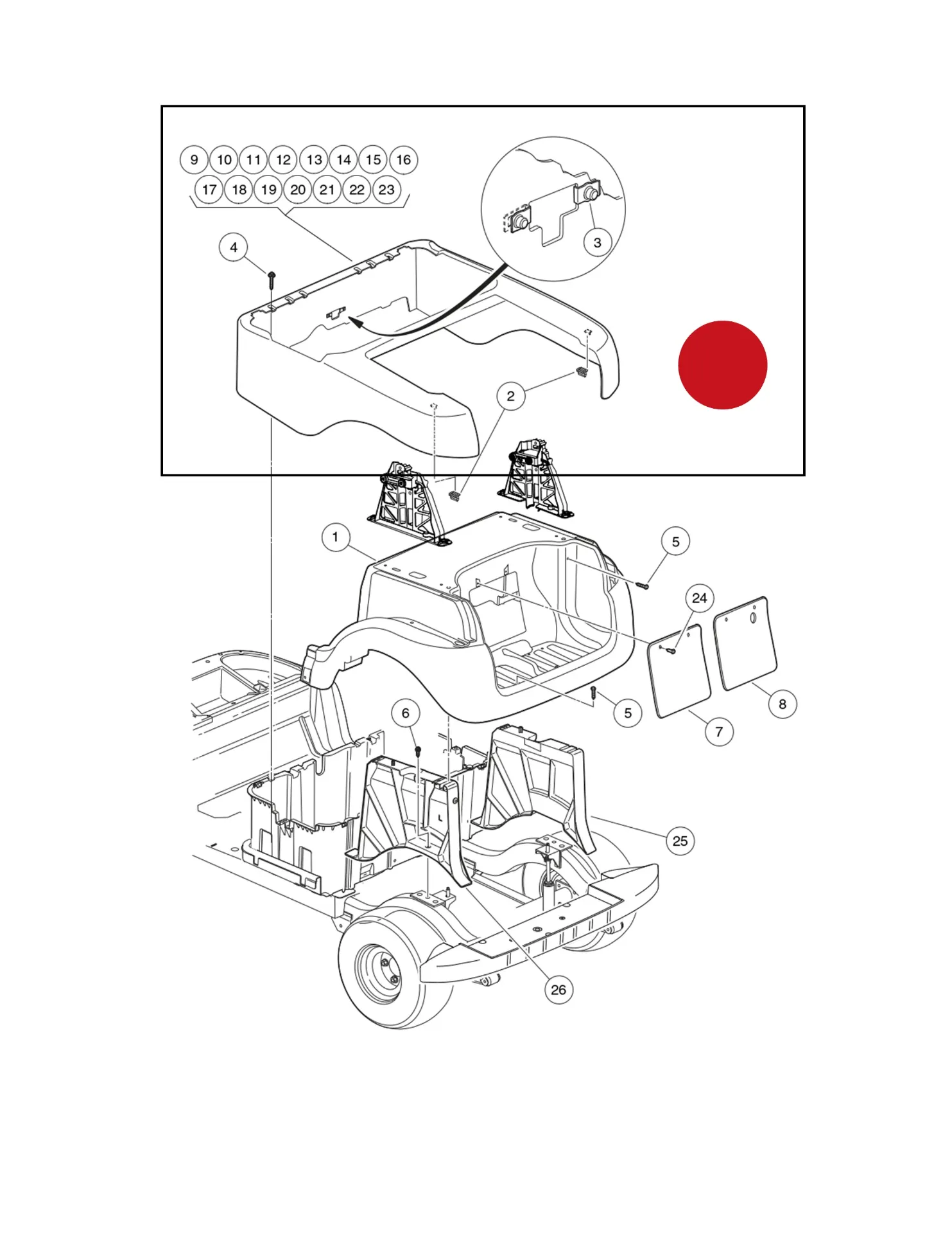 [102502305] Panel-beauty rear, red, Original for Clubcar