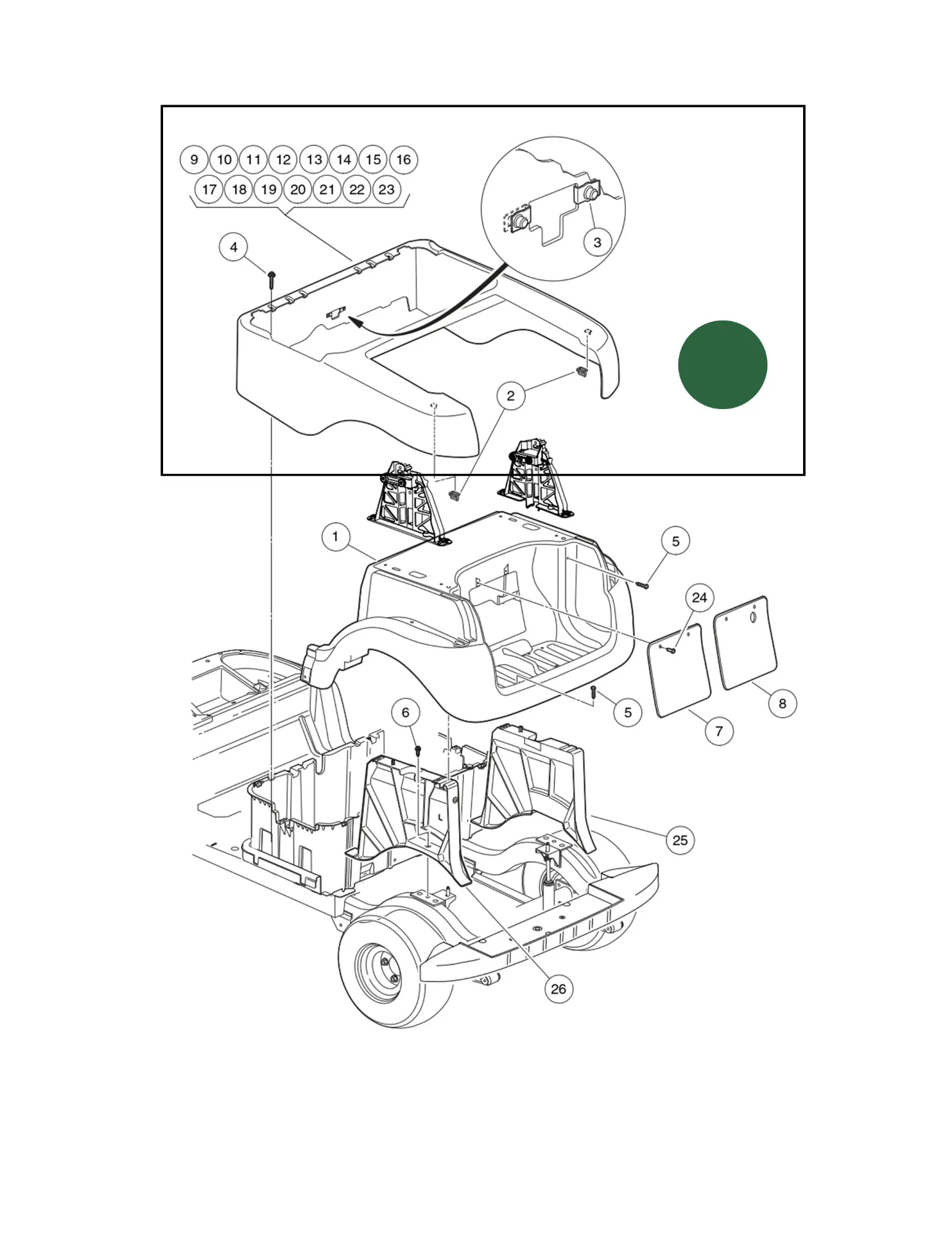 [102502307] Panel-beauty rear, green, Original for Clubcar