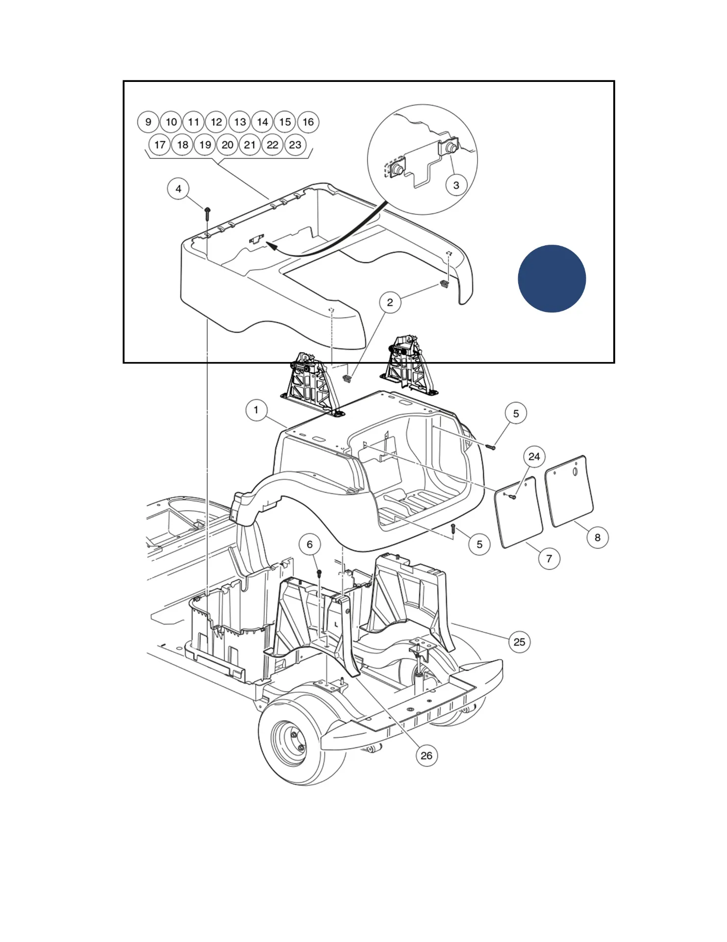 [102502308] Carrosserie arrière bleue, pièce d'origine Clubcar Precedent 