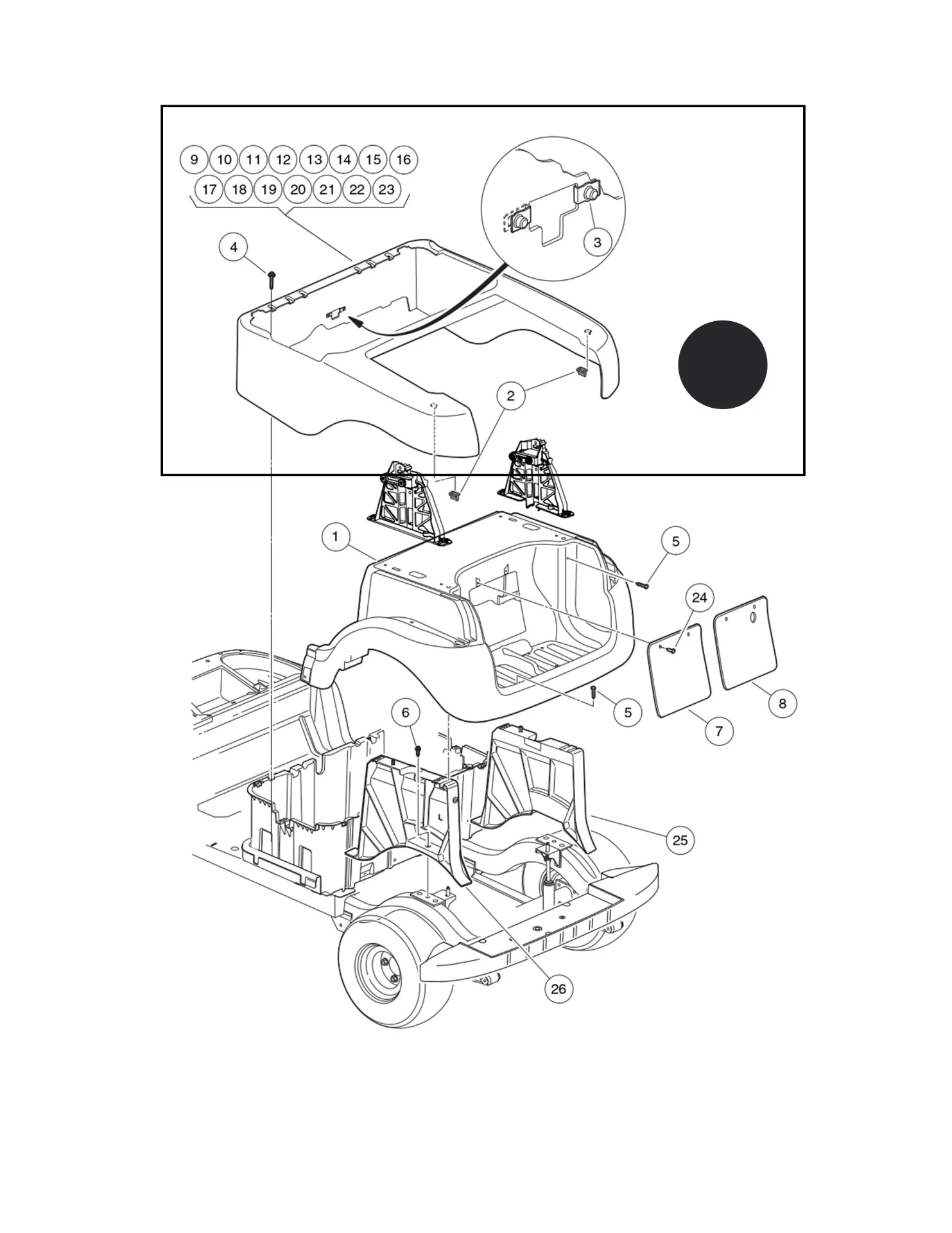 [102502309] Carrosserie arrière noire, pièce d'origine Clubcar Precedent 