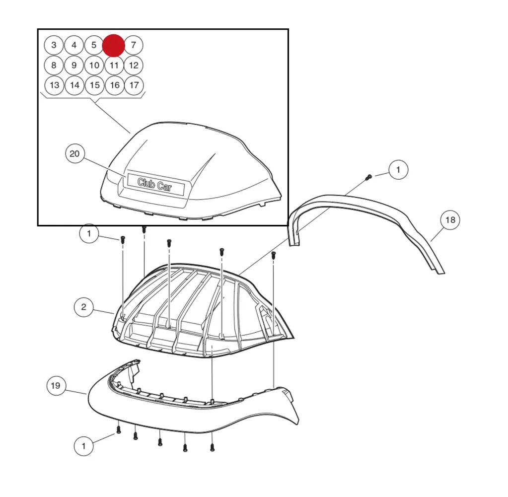 Panel-beauty front, rood, Original for Clubcar
