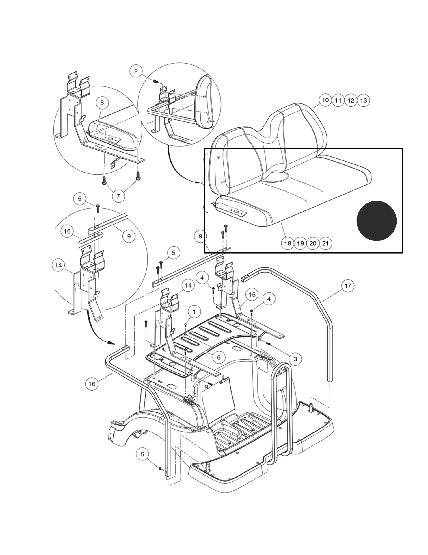 Assise de siège arrière noire, 4 pass, pièce d'origine Clubcar